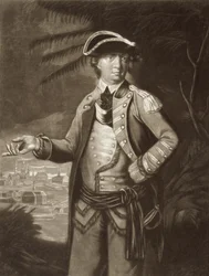 Benedict Arnold, efter ett porträtt från 1766 med Quebec i bakgrunden